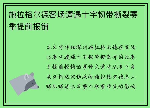 施拉格尔德客场遭遇十字韧带撕裂赛季提前报销